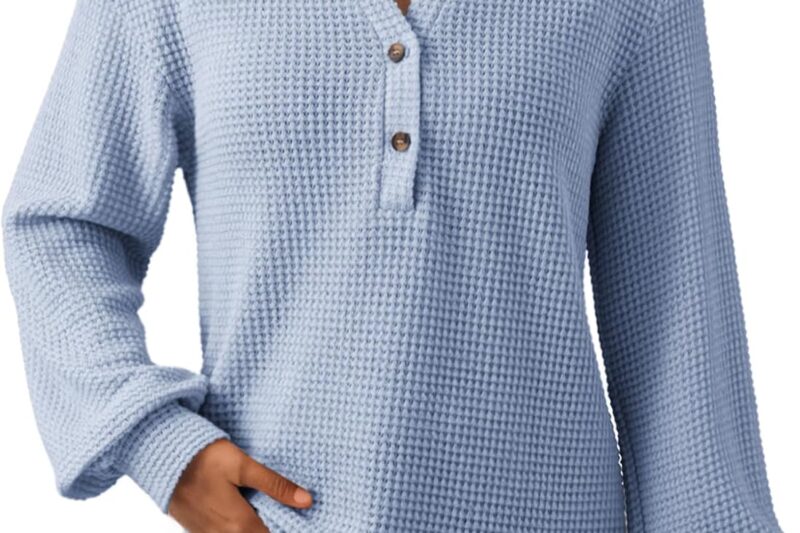 Dokotoo Womens Waffle Knit Tops 2025 Dressy Casual Button Shirts Long Sleeve V Neck Blouses Basic Tee